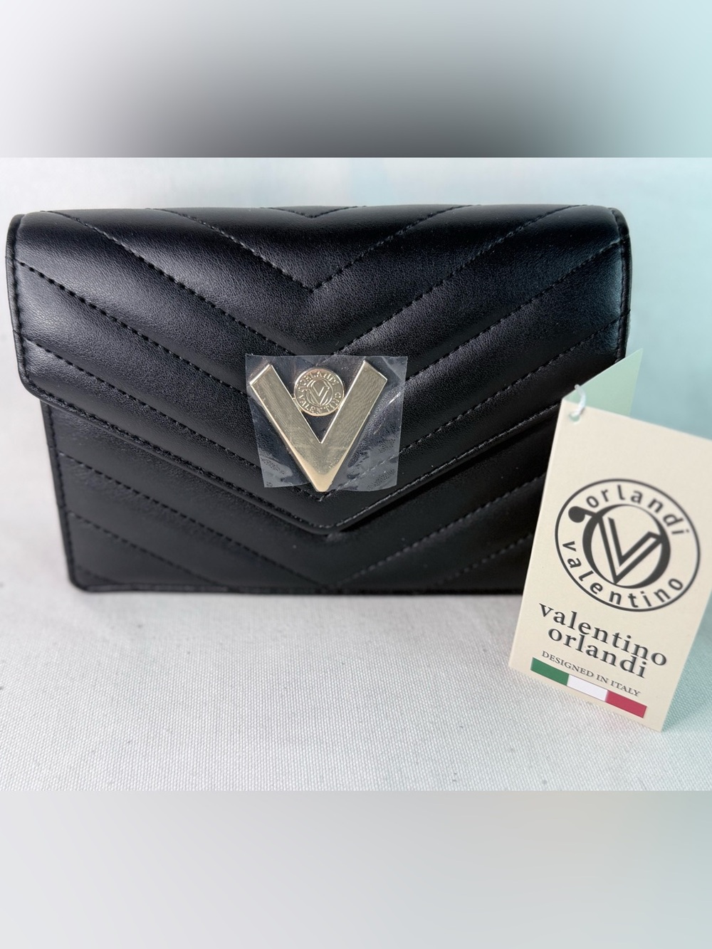Valentino Orlandi Black Quilted Leather Mini Crossbody with Gold V Accent
